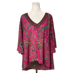 Nicole Miller V-Neck Flutter Sleeve Pink Paisley Blouse Size Medium